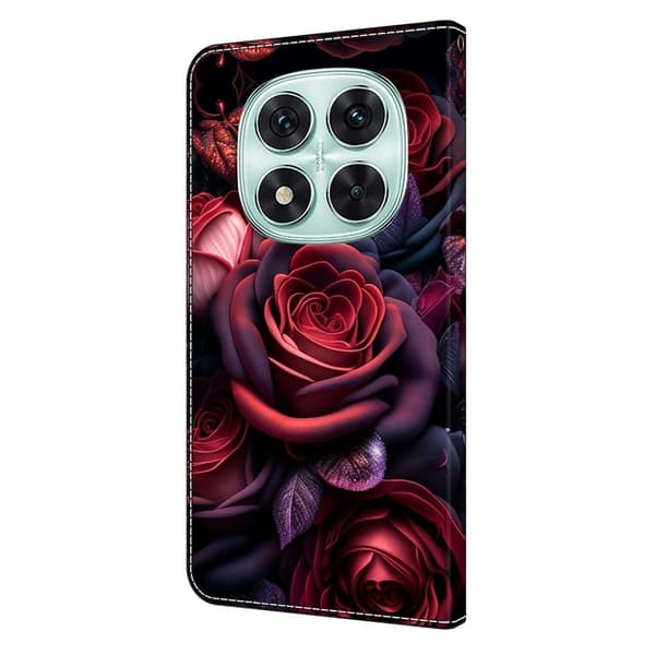 Xiaomi Redmi Note 14 Pro+ 5G plånboksfodral mönster tryck stativ läder flip telefonskal - Svart Ros Röd