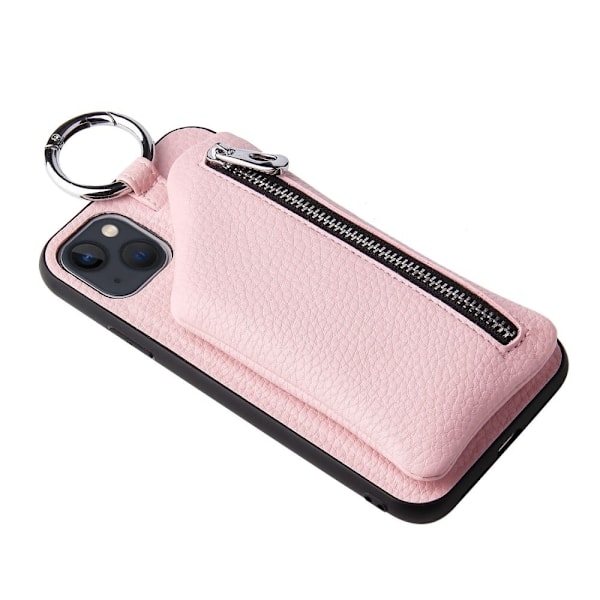 iPhone 14 avtagbart läderfodral med nyckelband - Rosa Rosa