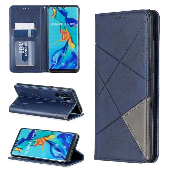Geometriskt mönster Läderfodral med korthållare för Huawei P30 Pro - Blå Blå