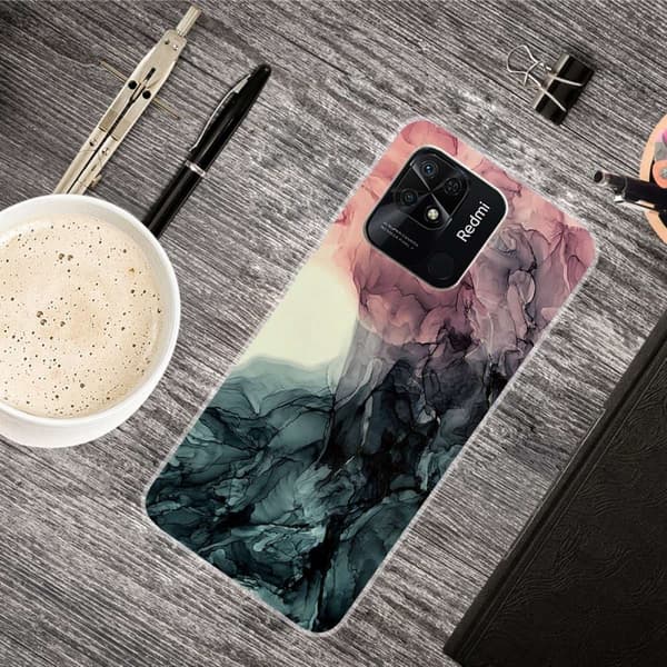 Marble Xiaomi Redmi 10C Etui - Pale Pink og Grøn Marmor Green