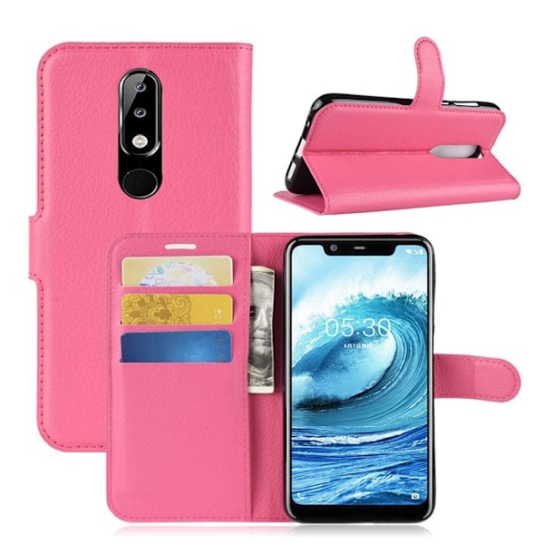 Nokia 5.1 Plus mobilfodral syntetläder silikon stående plånbok litchi - Rosenröd Rosa