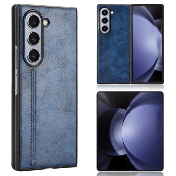 Samsung Galaxy Z Fold6 5G Etui Okseskind Texture Leather and Bumpresistent Phone Cover Stitching Lines - Blå Blue