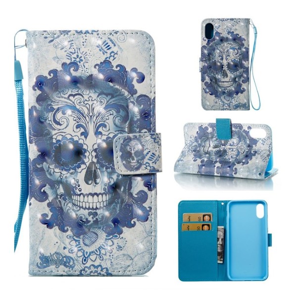iPhone Xr light spot decor læder flip cover - Blomstret Kranie Blue