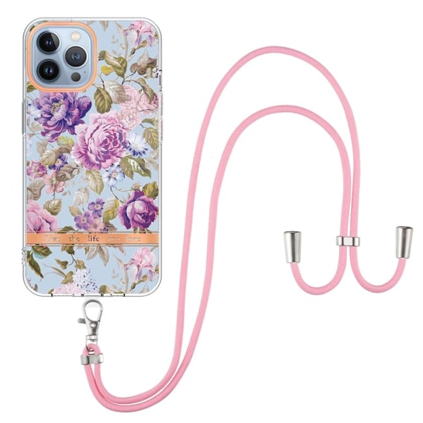 iPhone 13 Pro 6,1 tommer YB IMD-9-serien Blomstermønster IMD galvaniseringsbeskyttelse Blødt fleksibelt moderigtigt telefon cover med nøglesnor - Lill Purple