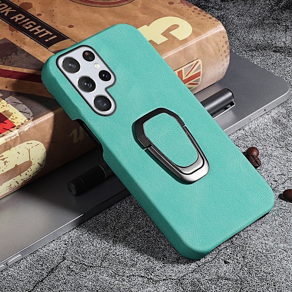 Stötsäkert läderfodral med oval kickstand för Samsung Galaxy S22 Ultra - Matcha Grön Grön