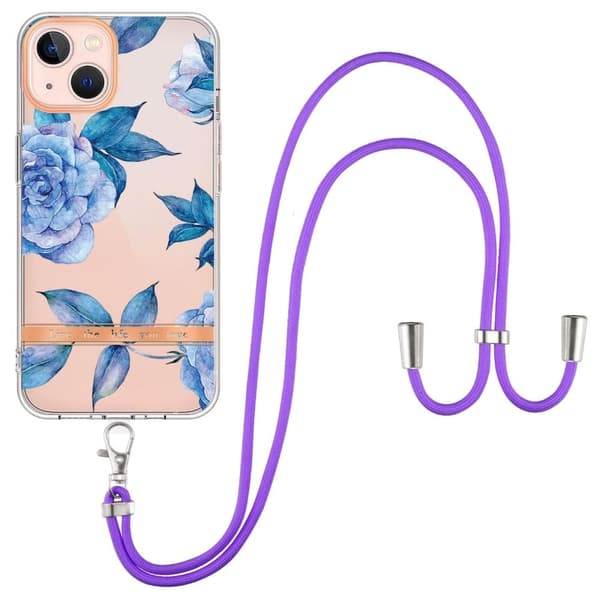 Slim og Holdbart Blødtcover med Snor til iPhone 15 - Hc003 Blå Pæon Blue