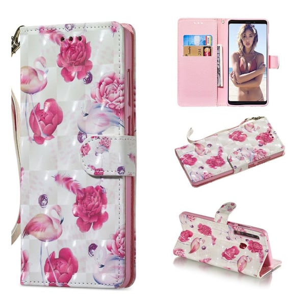 Samsung Galaxy A9 (2018) vaaleapiste nahkainen flip suojakotelo - Kukka ja Flamingo Multicolor