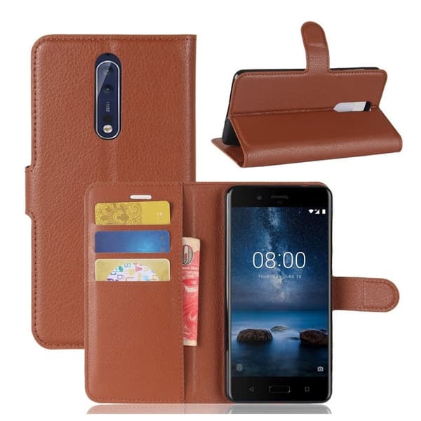 Nokia 8 Litchi Skinn Lær Magnetisk Etui - Brun Brown