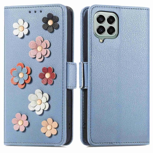 Mjukt läder Samsung Galaxy M53 5G fodral med blomdekor - Blå Blå