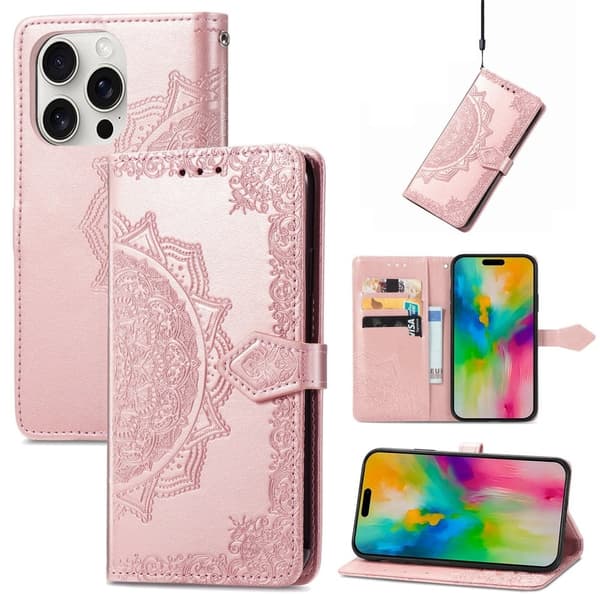 Mandala iPhone 16 Pro etui i lær - Rose Gull Pink