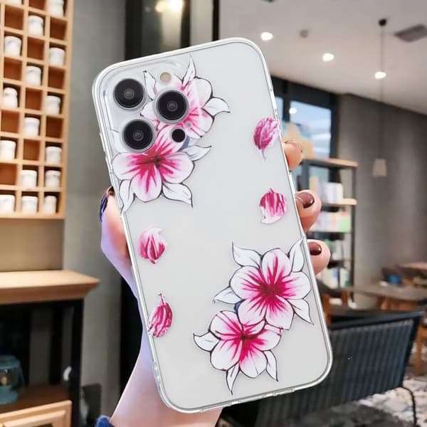 iPhone 16 Pro Max Fodral Mönsterutskrift Flexibelt telefonskydd Klar kant - Körsbärsblomma Rosa
