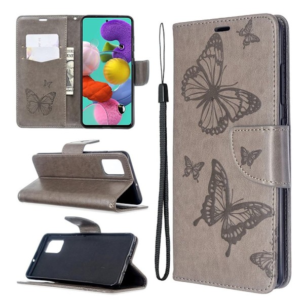 Butterfly Samsung Galaxy A51 nahkakotelo - Harmaa Silver grey