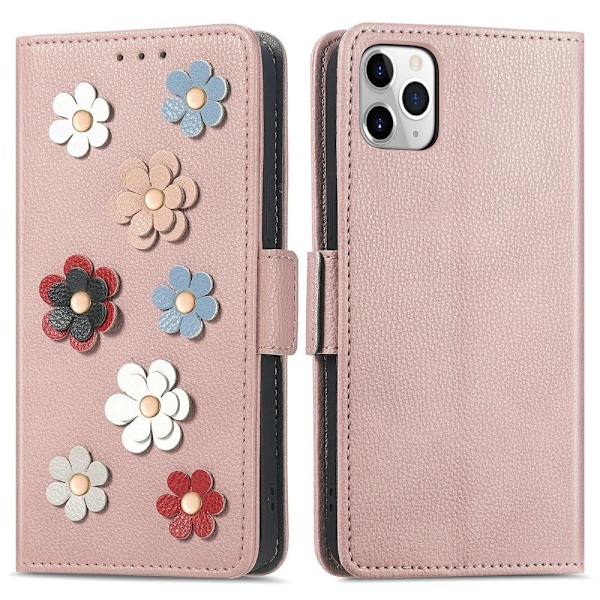 Mjukt läder iPhone 11 Pro Max fodral med blomdekor - Roséguld Rosa