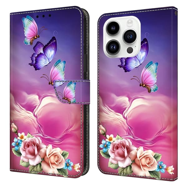 iPhone 16 Pro Max Plånboksfodral Mönster Tryck Stativ Läder Flip Telefonskal - Blommig Fjäril Rosa