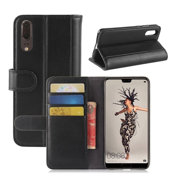 Huawei P20 ægte split læder flip etui - Sort Black