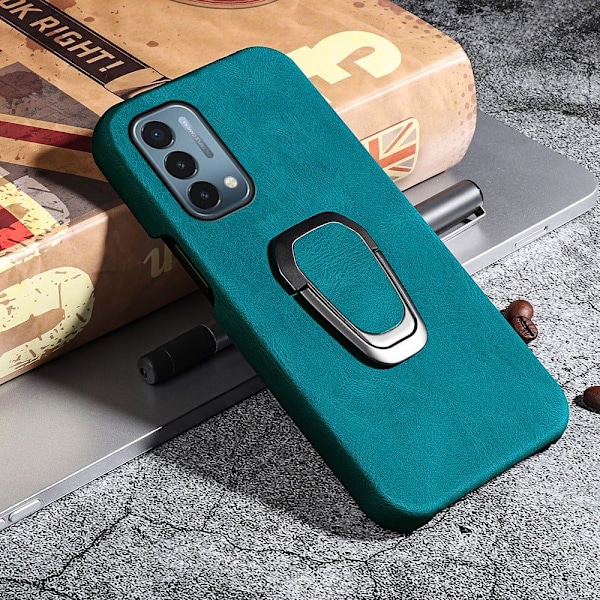 Stötsäkert läderfodral med oval kickstand för OnePlus Nord N200 5G - Cyan Grön