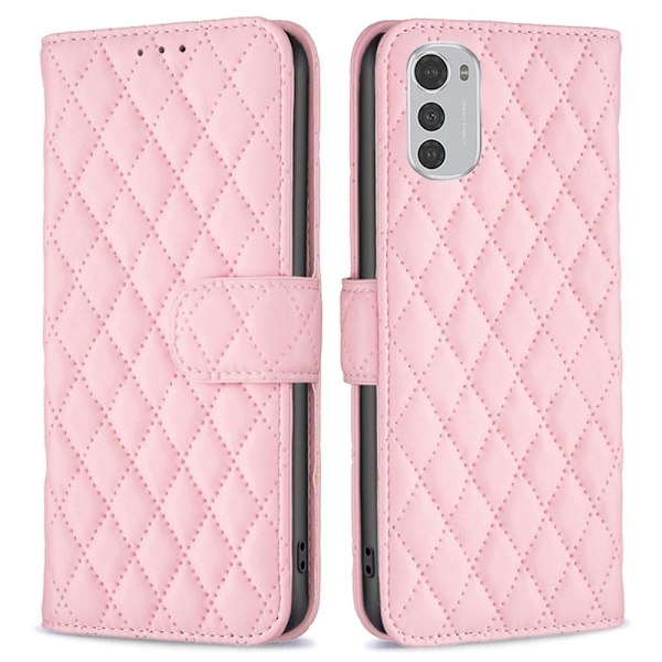 Rhombus Mønster Matte Flip Case til Motorola Moto E32 - Lyserød Pink