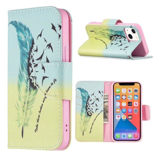 Wonderland iPhone 13 Mini flip etui - Fjer Og Fugle Multicolor