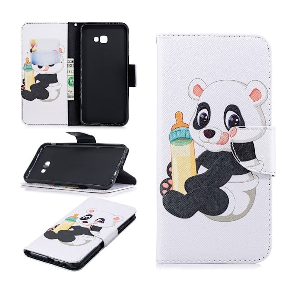 Samsung Galaxy J4 Plus (2018) kuviollinen synteetti nahkainen lompakko suojakotelo - Tuttipullo Panda Multicolor