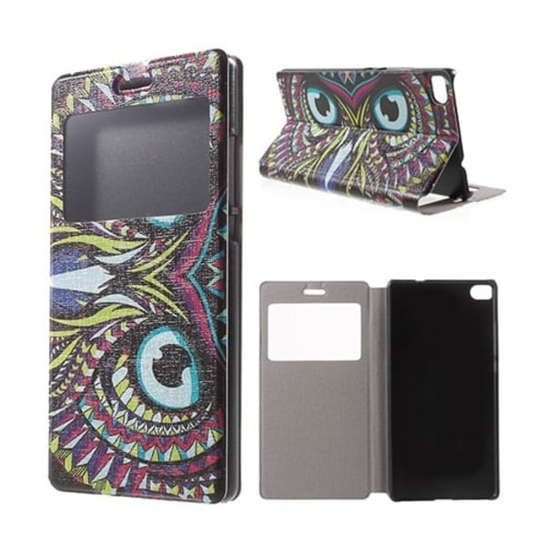 Moberg View Huawei Ascend P8 Læder Flip Etui - Farvet Ugle Multicolor