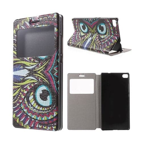 Moberg View Huawei Ascend P8 Lær Flip Case - Fargerik ugle Multicolor