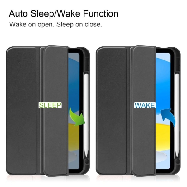 iPad 10.9 (2022) Tablet-etui i vegansk læder Tri-fold Stand Auto Wake / Sleep Beskyttelsescover med penneplads - Sort Black
