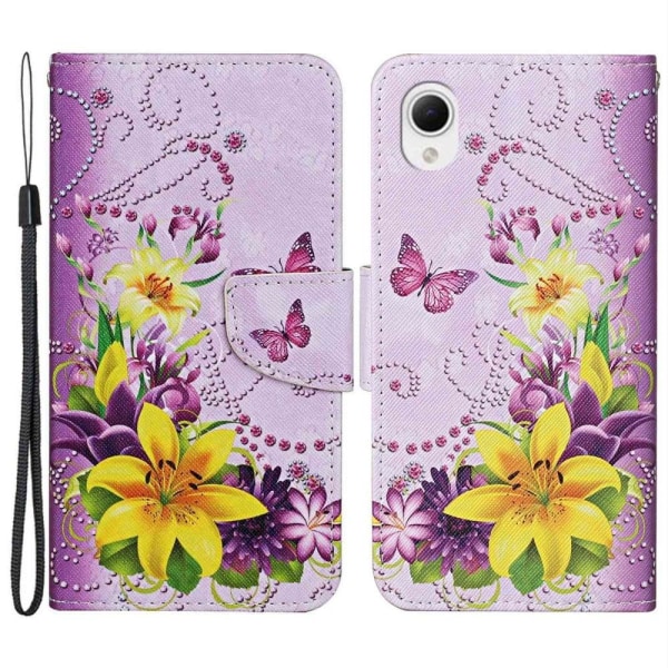 Wonderland Samsung Galaxy A23e Flip Etui - Gule Blomster / Sommerfugle Pink