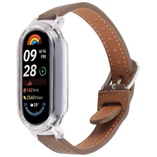 Xiaomi Smart Band 8 Bumpresistent Watch Case Integrated Ultra Fiber Leather Quick Release Watch Strap - Transparent / Kaffe Brown