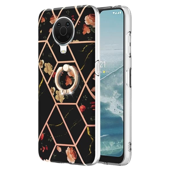 Marble Mønstret Cover med Ring Holder til Nokia G10 / G20 - Sorte Blomster Black