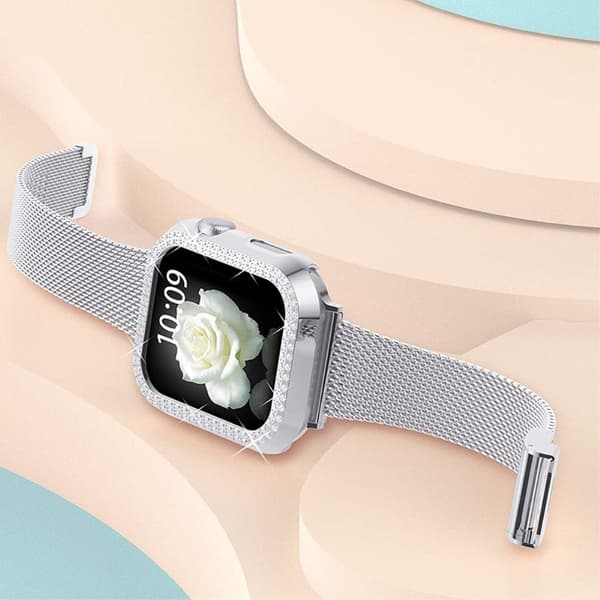Apple Watch SE 2022 (44mm) klockarmband och fodral med strassdekor - Silver Silvergrå