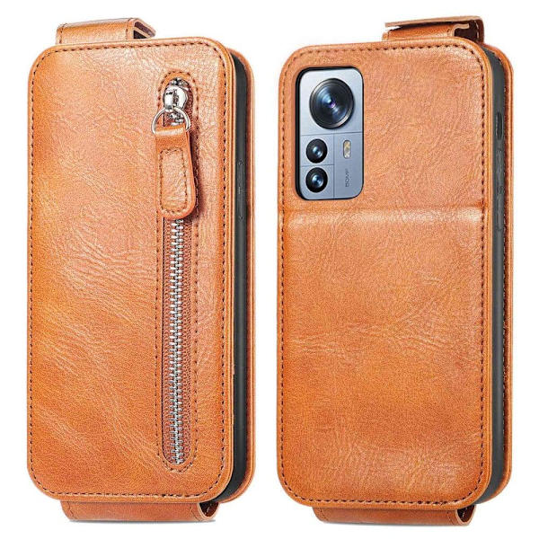 Vertical Flip Phone Suojakotelo With Zipper For Xiaomi 12S Pro / 12 Pro - Ruskea Brown