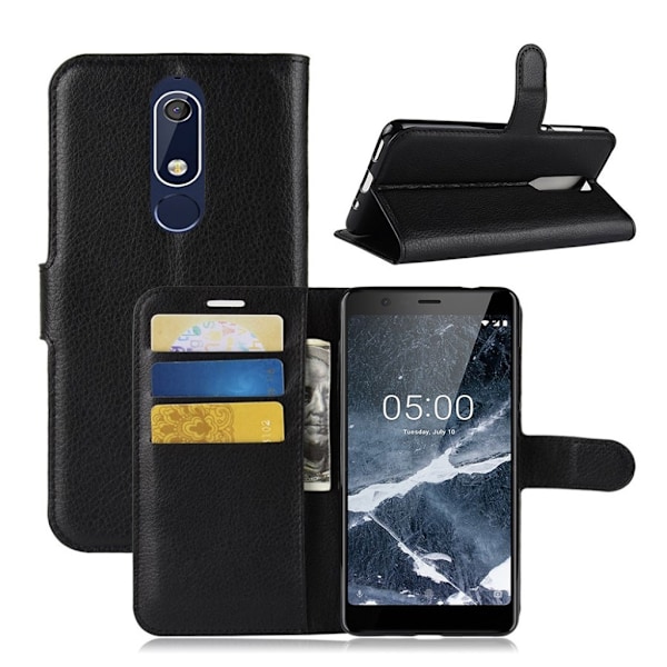 Nokia 5.1 mobilfodral konstläder silikon plånbok stående - Svart Svart