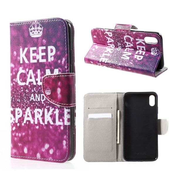 iPhone Xr læder flip cover med mønsterprint - Citat Keep Calm And Sparkle Multicolor