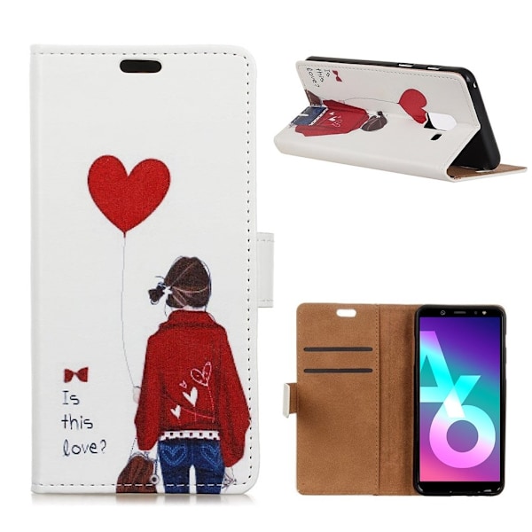 Samsung Galaxy A6 mobiletui i kunstlæder med printet mønster samt pung og stativ - Pige der holder hjerte ballon Multicolor