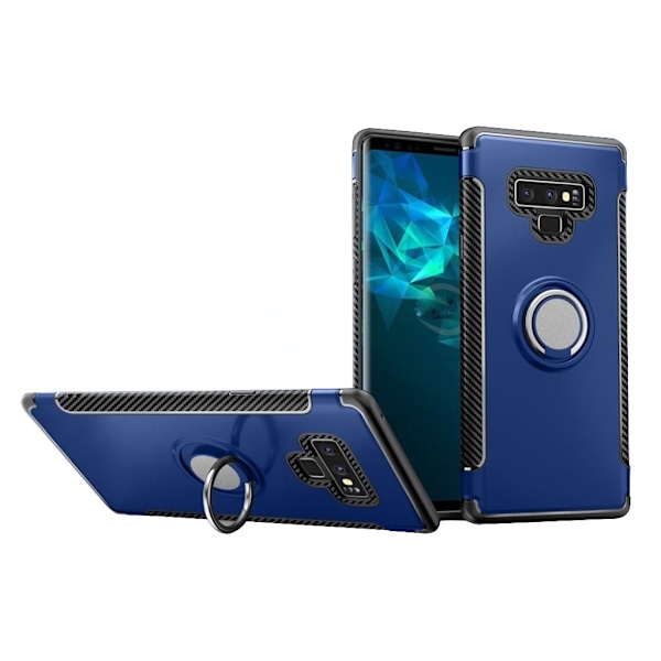 Samsung Galaxy Note9 beskyttelsesetui i kombimaterialer med carbon tekstur samt ringholder - Mørkeblå Blue