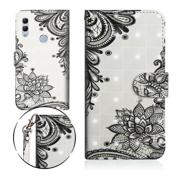 Huawei P Smart 2019 lysspot dekoreret læder flip etui - Blonde Blomst Black