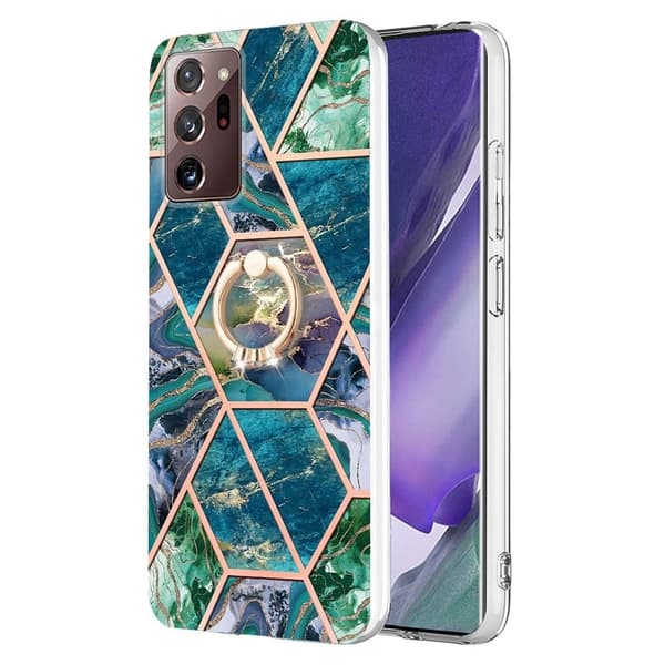 Marble Mønstret Deksel med Ring Holder til Samsung Galaxy Note 20 Ultra 5G - Blå / Grønn Green