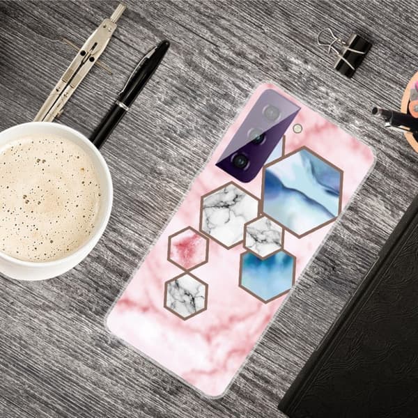 Marmormotiv Samsung Galaxy S21 FE skal - Hexagonfragment Marmor multifärg