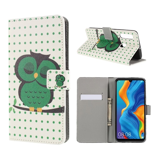 Huawei P30 Lite mønstret læder flip etui - Sovende Ugle Green
