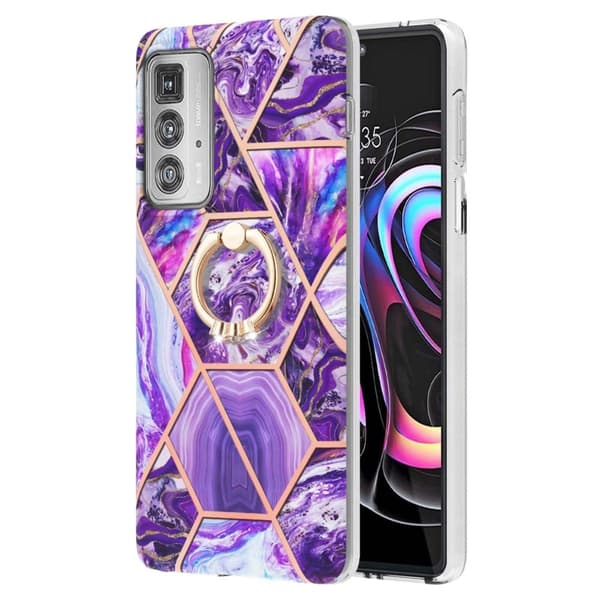 Marble Mønstret Deksel med Ring Holder til Motorola Edge 20 Pro - Mørkelilla Purple