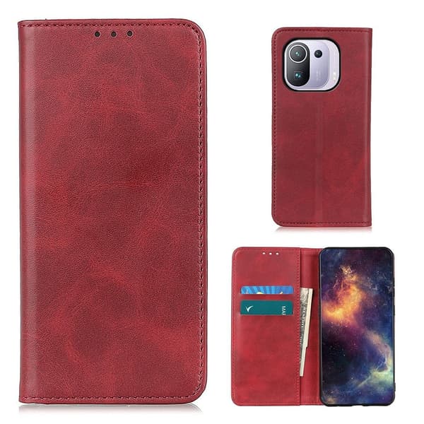 Lompakko-style Aitoa Nahkaa Läppäkotelo For Xiaomi Mi 11 Pro - Punainen Red