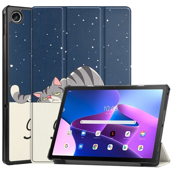 Lenovo Tab M10 Plus (Gen 3) läderfodral med trefaldigt mönster - Katt Blå