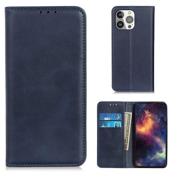 iPhone 13 Pro flip etui i ægte læder med pung – Blå Blue