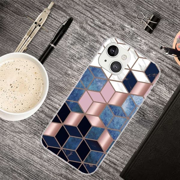 Marble design iPhone 14 Plus kotelot - Sininen / Kultainen Kuutio Multicolor