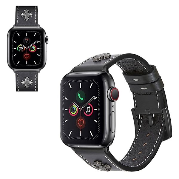 Apple Watch Series 5 / 4 44mm ægte cross style læderurrem - Sort Black