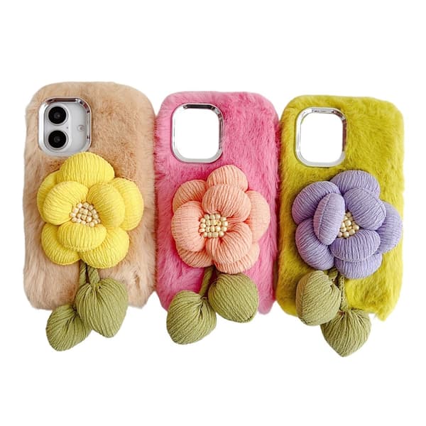 iPhone 16 Plysch Telefonskal 3D Blomsterdekor Fluffigt Flexibelt Bakstycke - Beige Brun