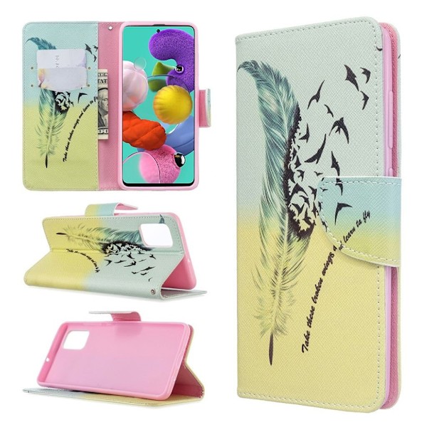 Wonderland Samsung Galaxy A51 flip kuoret - Höyhen Kuvio Multicolor