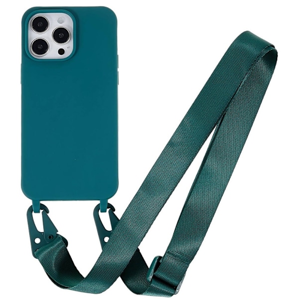 iPhone 14 Pro Max 6,7 tommer Drop Resistant Soft Flexible Matte Surface Phone Cover Protective Shell med bred lanyard - Mørkegrøn Green