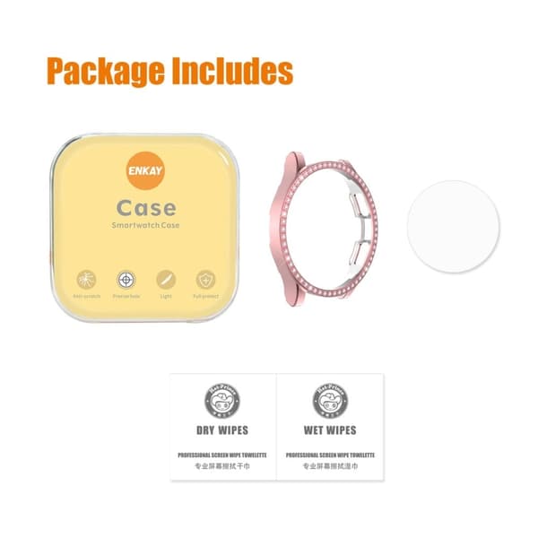 ENKAY Samsung Galaxy Watch 4 Classic (46mm) rhinestone cover + tempered glass screen protector - Pink Rosa