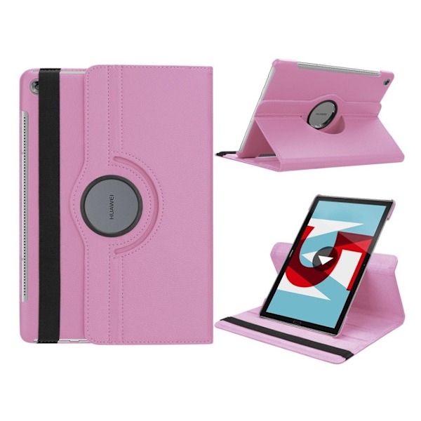 Huawei MediaPad M5 10 beskyttelsesetui i kunstlæder med Litchi overflade. Med stativ og elastisk rem - Lyserød Pink